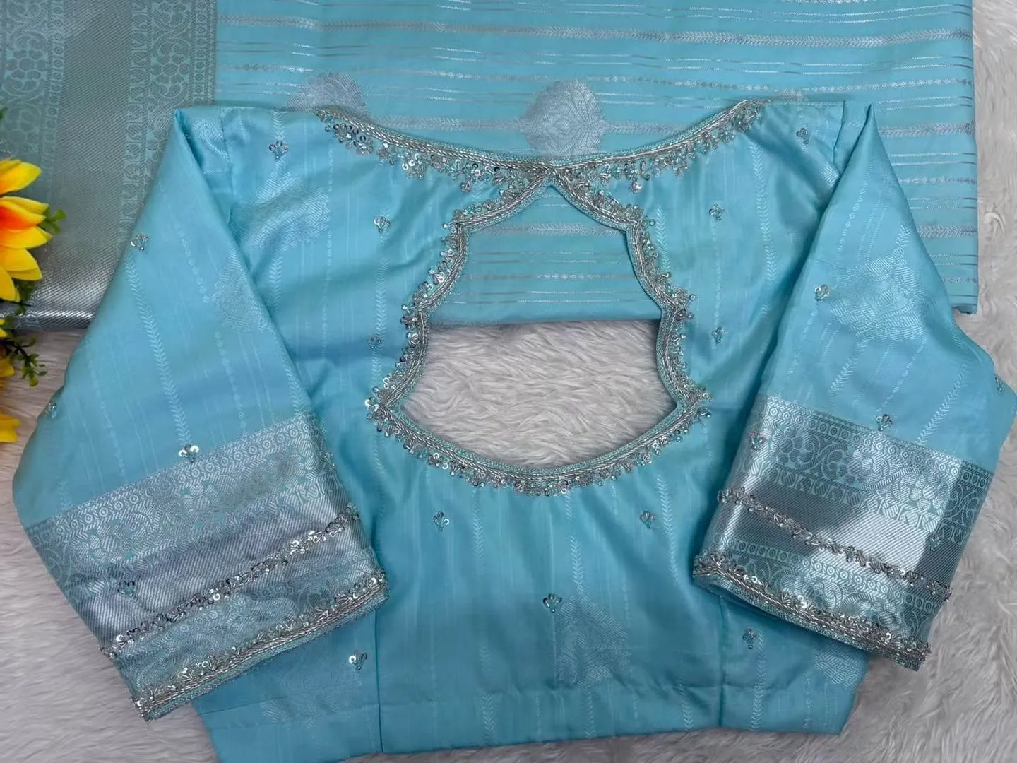Sky Blue Silk Saree Blouse with Silver Zari Cut Out Back