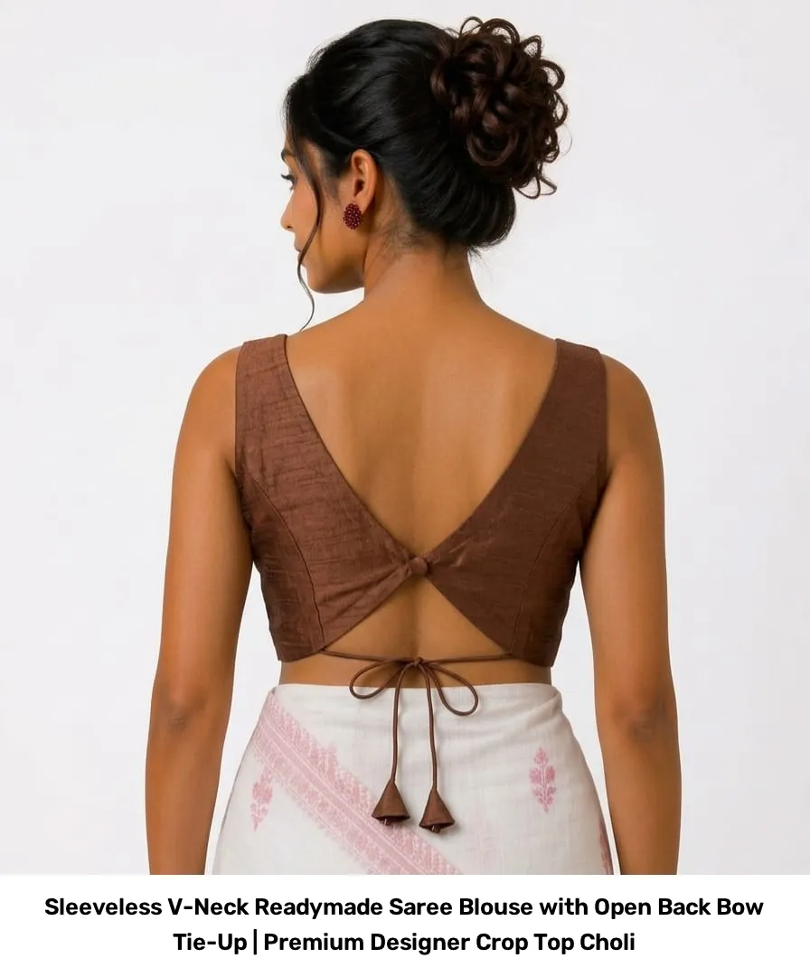 Sleeveless V-Neck Readymade Saree Blouse with Open Back Bow Tie-Up | Premium Designer Crop Top Choli 3