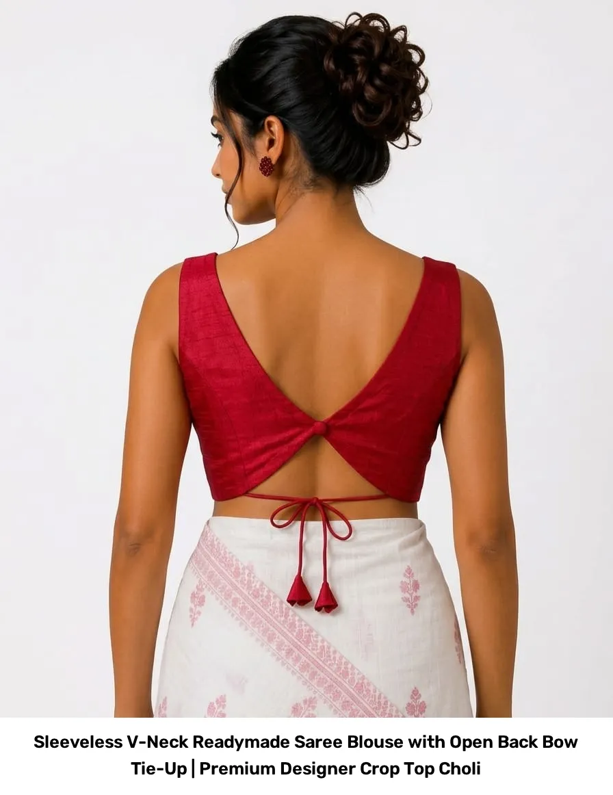 Sleeveless V-Neck Readymade Saree Blouse with Open Back Bow Tie-Up | Premium Designer Crop Top Choli 4