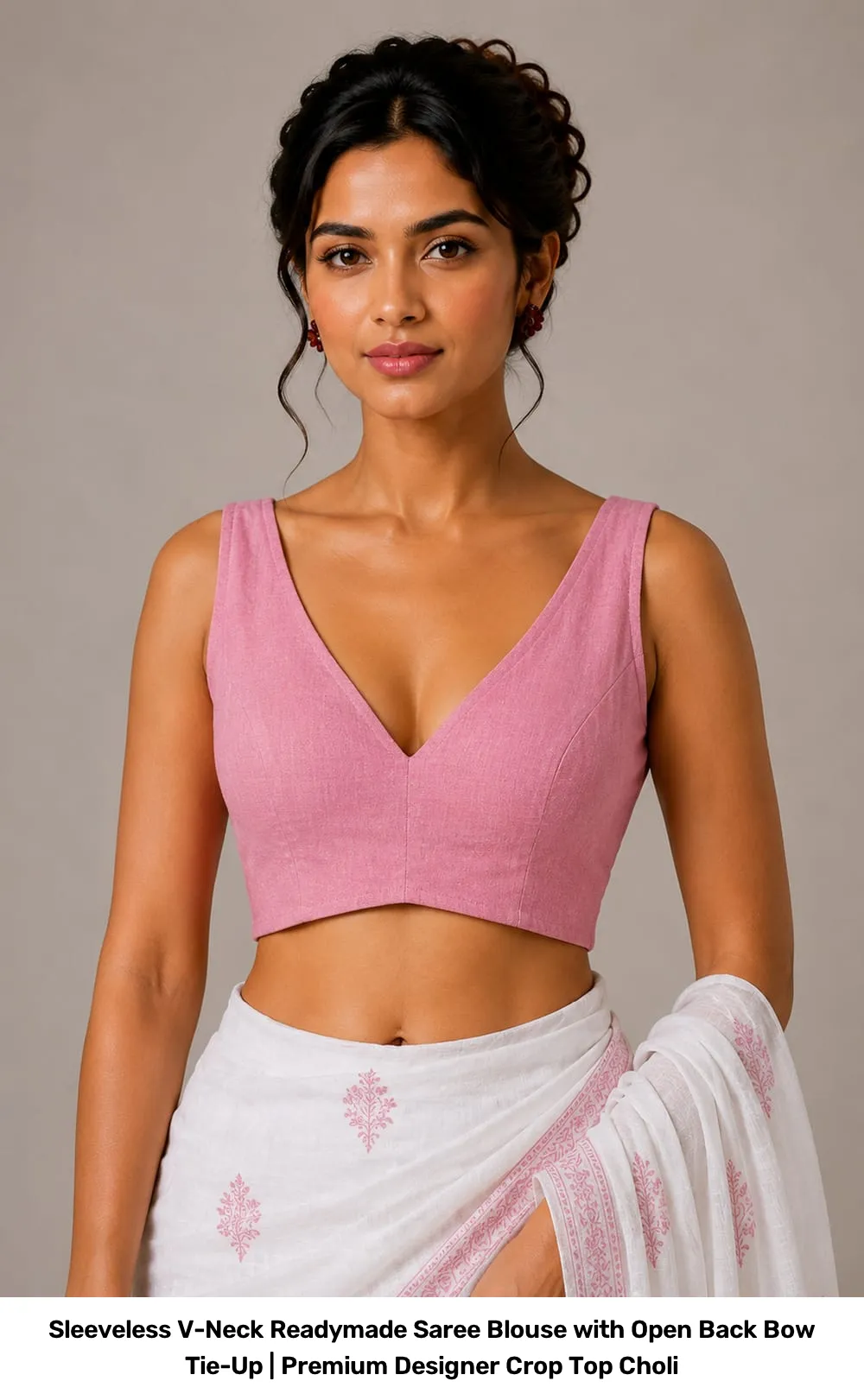 Sleeveless V-Neck Readymade Saree Blouse with Open Back Bow Tie-Up | Premium Designer Crop Top Choli 5