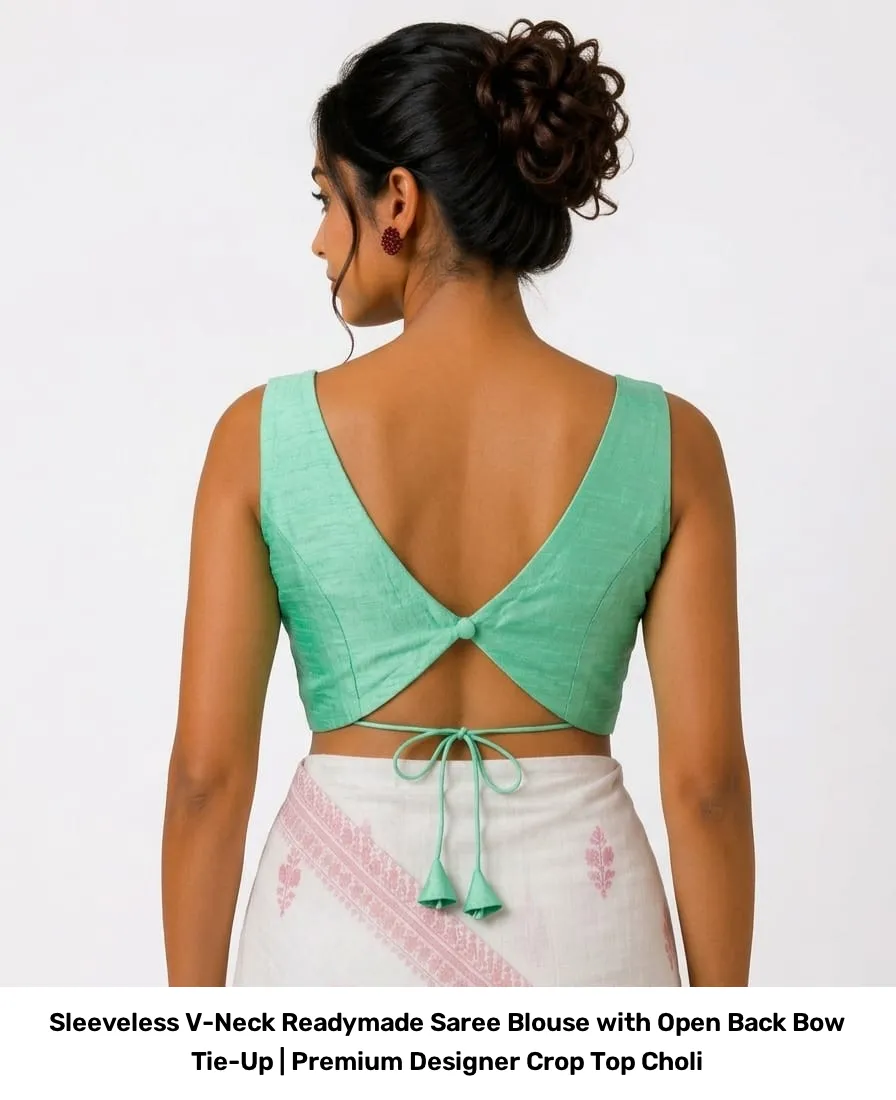 Sleeveless V-Neck Readymade Saree Blouse with Open Back Bow Tie-Up | Premium Designer Crop Top Choli 6