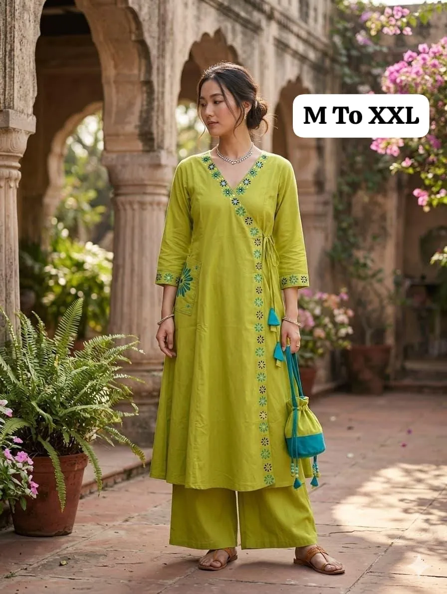 Soft Mal Cotton Embroidered Angarkha Kurti with Palazzo Set – 2-Piece Ethnic A-Line Kurta Set with Front Side Pocket for Women