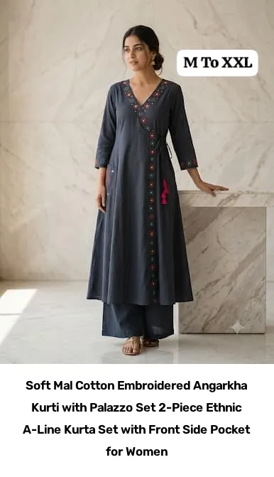 Soft Mal Cotton Embroidered Angarkha Kurti with Palazzo Set – 2-Piece Ethnic A-Line Kurta Set with Front Side Pocket for Women 2