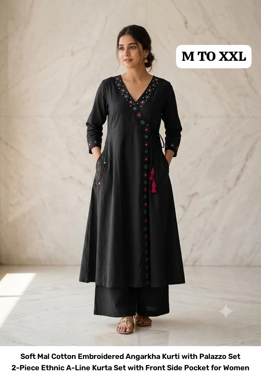 Soft Mal Cotton Embroidered Angarkha Kurti with Palazzo Set – 2-Piece Ethnic A-Line Kurta Set with Front Side Pocket for Women 3