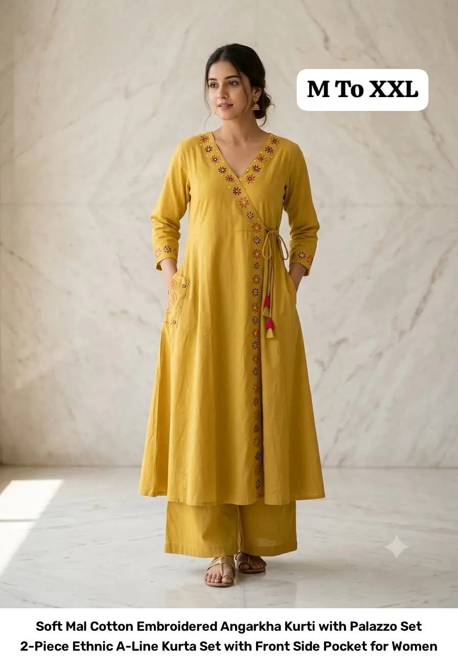 Soft Mal Cotton Embroidered Angarkha Kurti with Palazzo Set – 2-Piece Ethnic A-Line Kurta Set with Front Side Pocket for Women 4