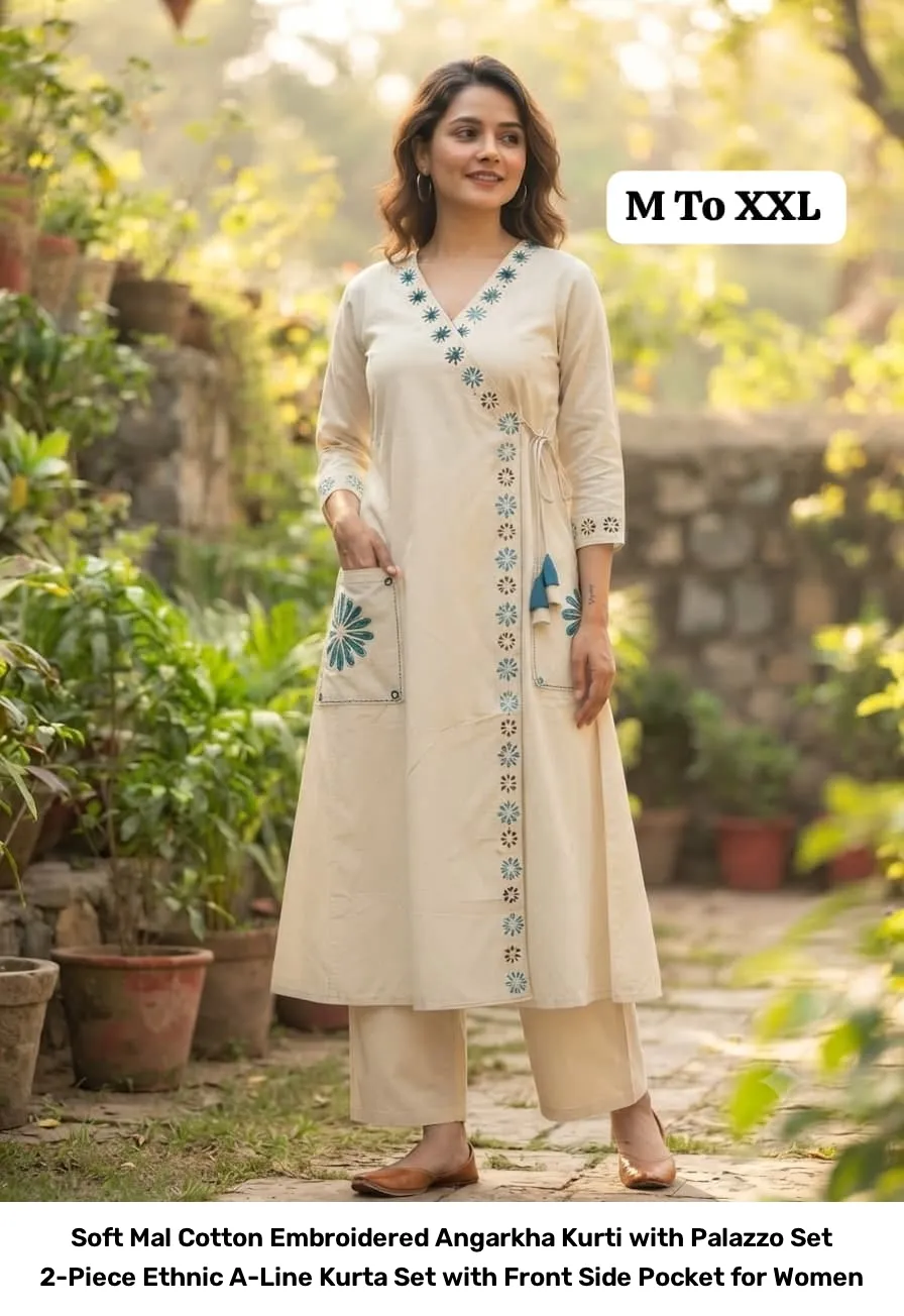 Soft Mal Cotton Embroidered Angarkha Kurti with Palazzo Set – 2-Piece Ethnic A-Line Kurta Set with Front Side Pocket for Women 5