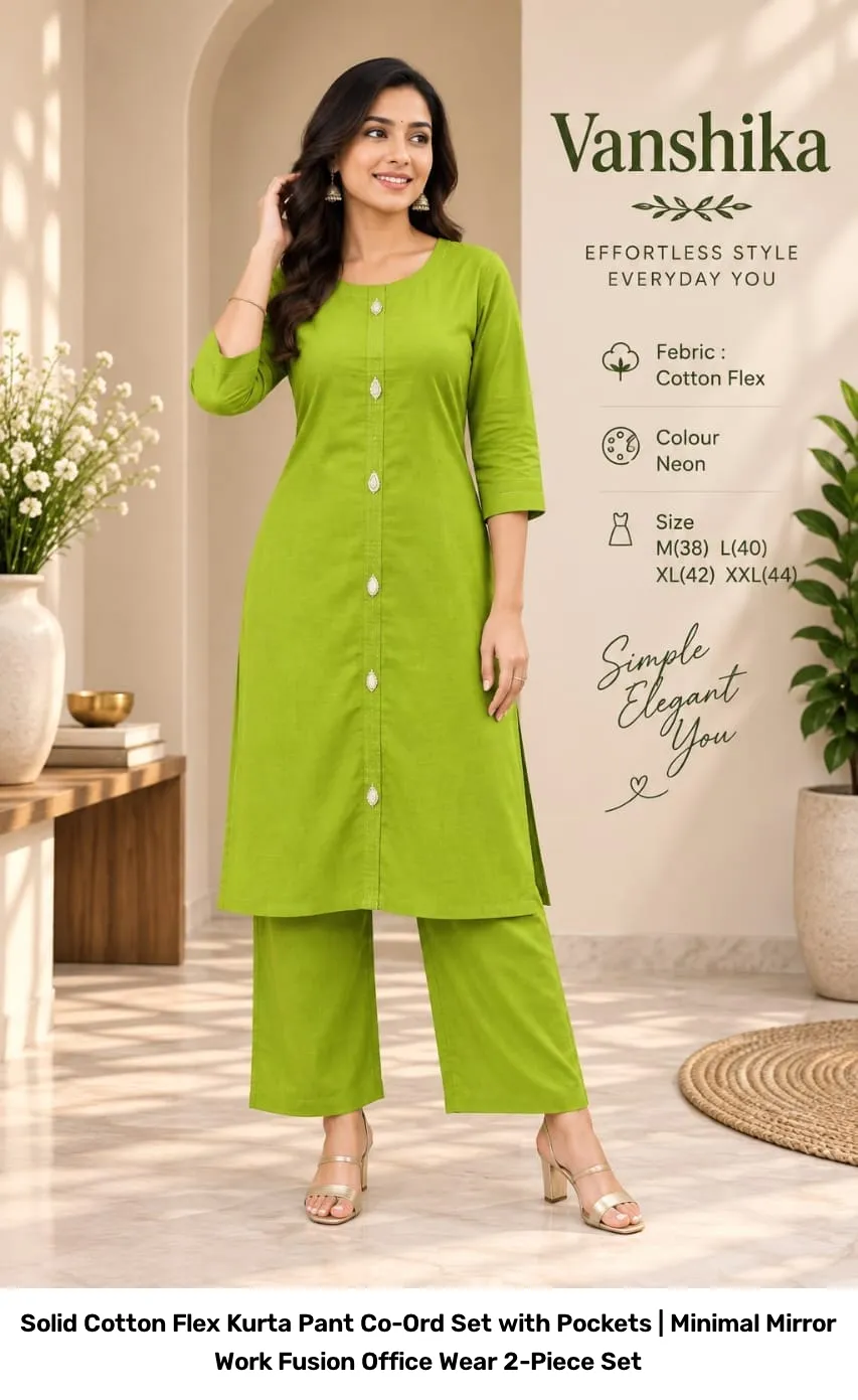 Solid Cotton Flex Kurta Pant Co-Ord Set with Pockets | Minimal Mirror Work Fusion Office Wear 2-Piece Set 10