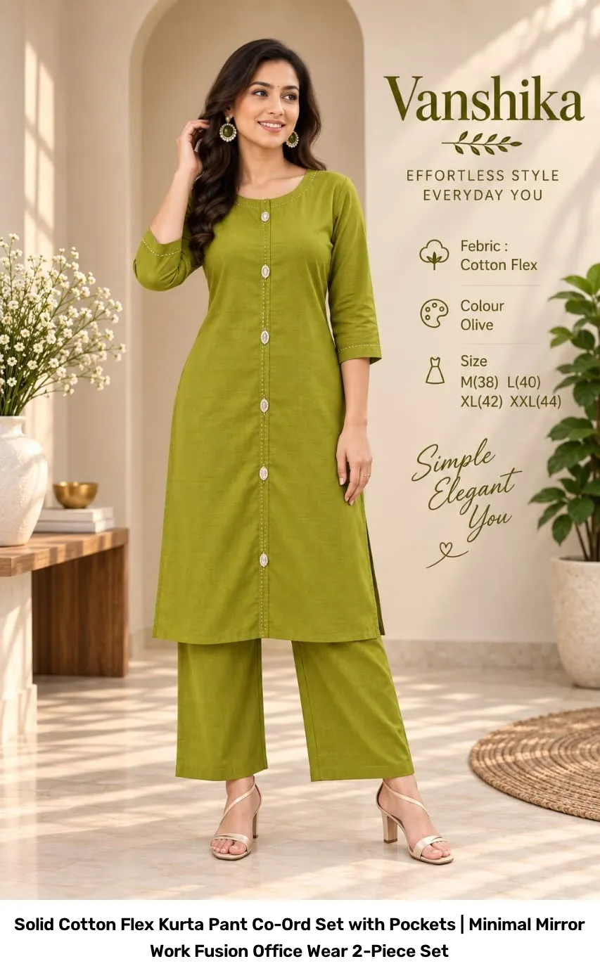 Solid Cotton Flex Kurta Pant Co-Ord Set with Pockets | Minimal Mirror Work Fusion Office Wear 2-Piece Set 11