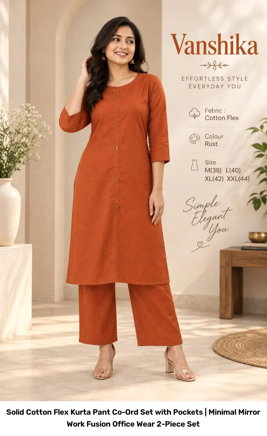 Solid Cotton Flex Kurta Pant Co-Ord Set with Pockets | Minimal Mirror Work Fusion Office Wear 2-Piece Set 2
