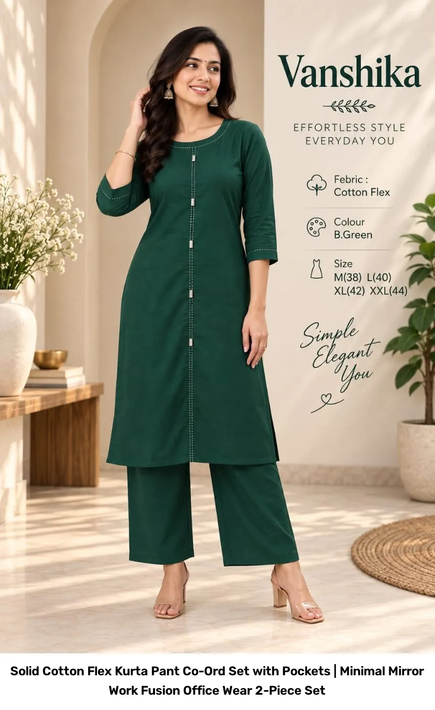 Solid Cotton Flex Kurta Pant Co-Ord Set with Pockets | Minimal Mirror Work Fusion Office Wear 2-Piece Set 3