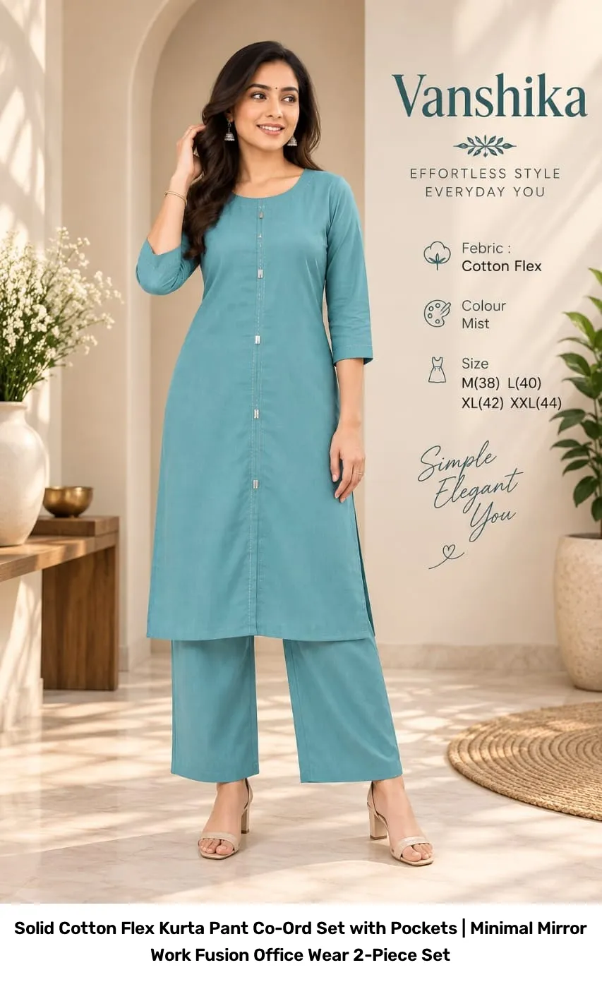 Solid Cotton Flex Kurta Pant Co-Ord Set with Pockets | Minimal Mirror Work Fusion Office Wear 2-Piece Set 4