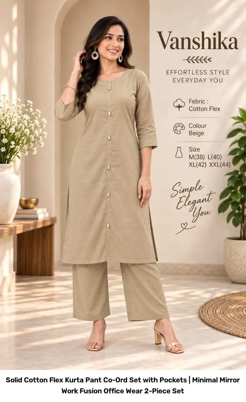 Solid Cotton Flex Kurta Pant Co-Ord Set with Pockets | Minimal Mirror Work Fusion Office Wear 2-Piece Set 5