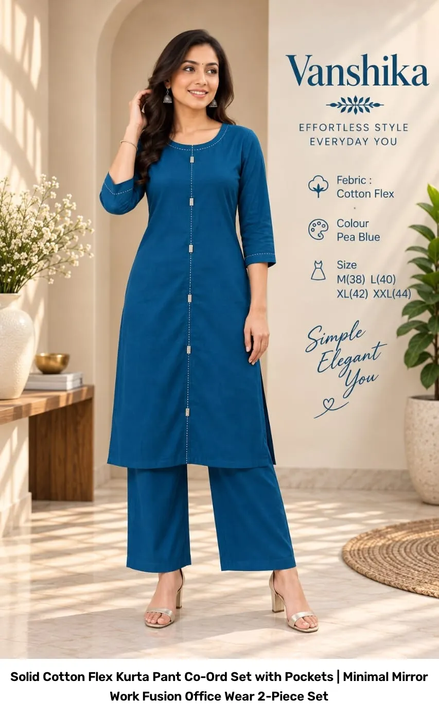 Solid Cotton Flex Kurta Pant Co-Ord Set with Pockets | Minimal Mirror Work Fusion Office Wear 2-Piece Set 6