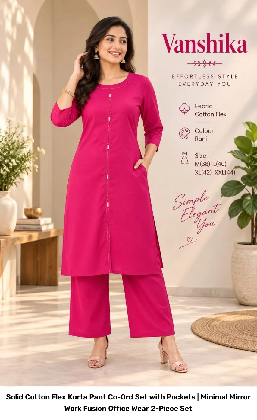 Solid Cotton Flex Kurta Pant Co-Ord Set with Pockets | Minimal Mirror Work Fusion Office Wear 2-Piece Set 7