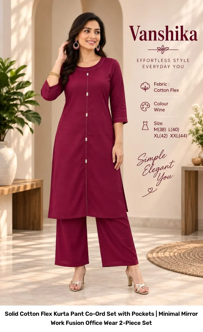 Solid Cotton Flex Kurta Pant Co-Ord Set with Pockets | Minimal Mirror Work Fusion Office Wear 2-Piece Set 8