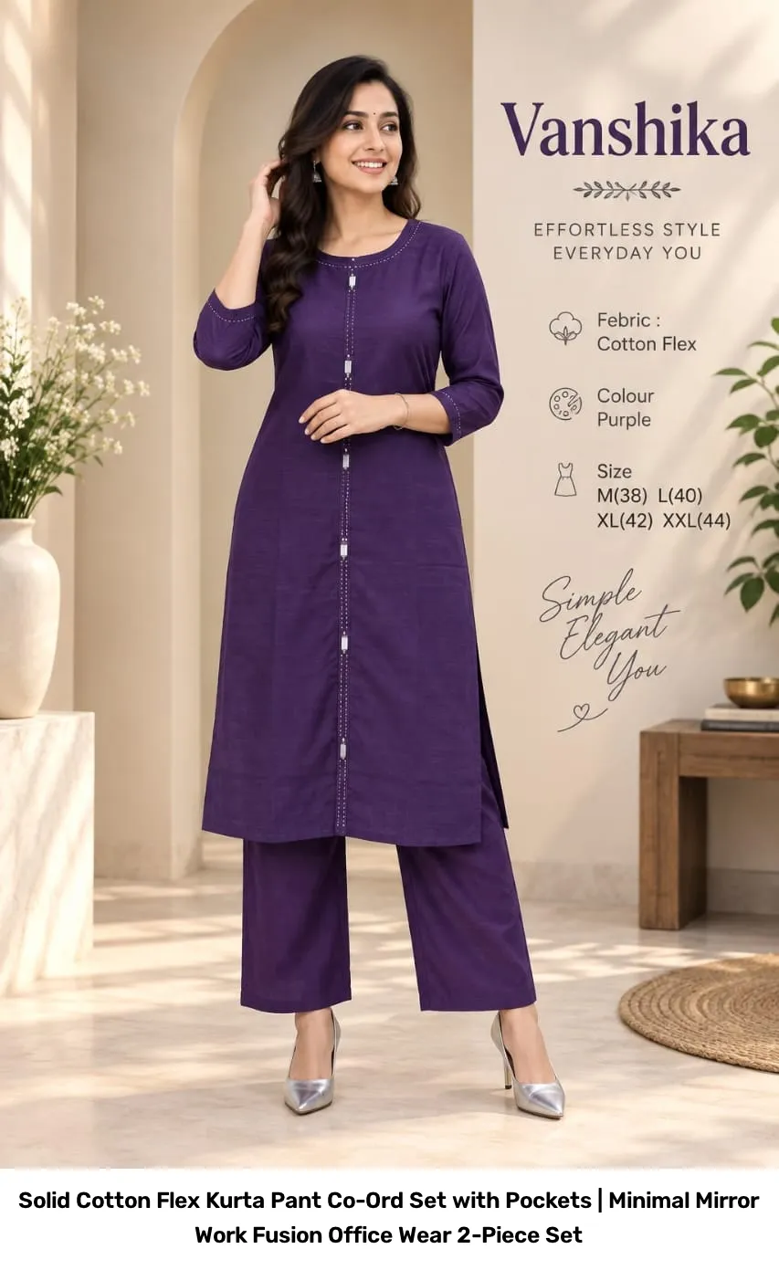 Solid Cotton Flex Kurta Pant Co-Ord Set with Pockets | Minimal Mirror Work Fusion Office Wear 2-Piece Set 9