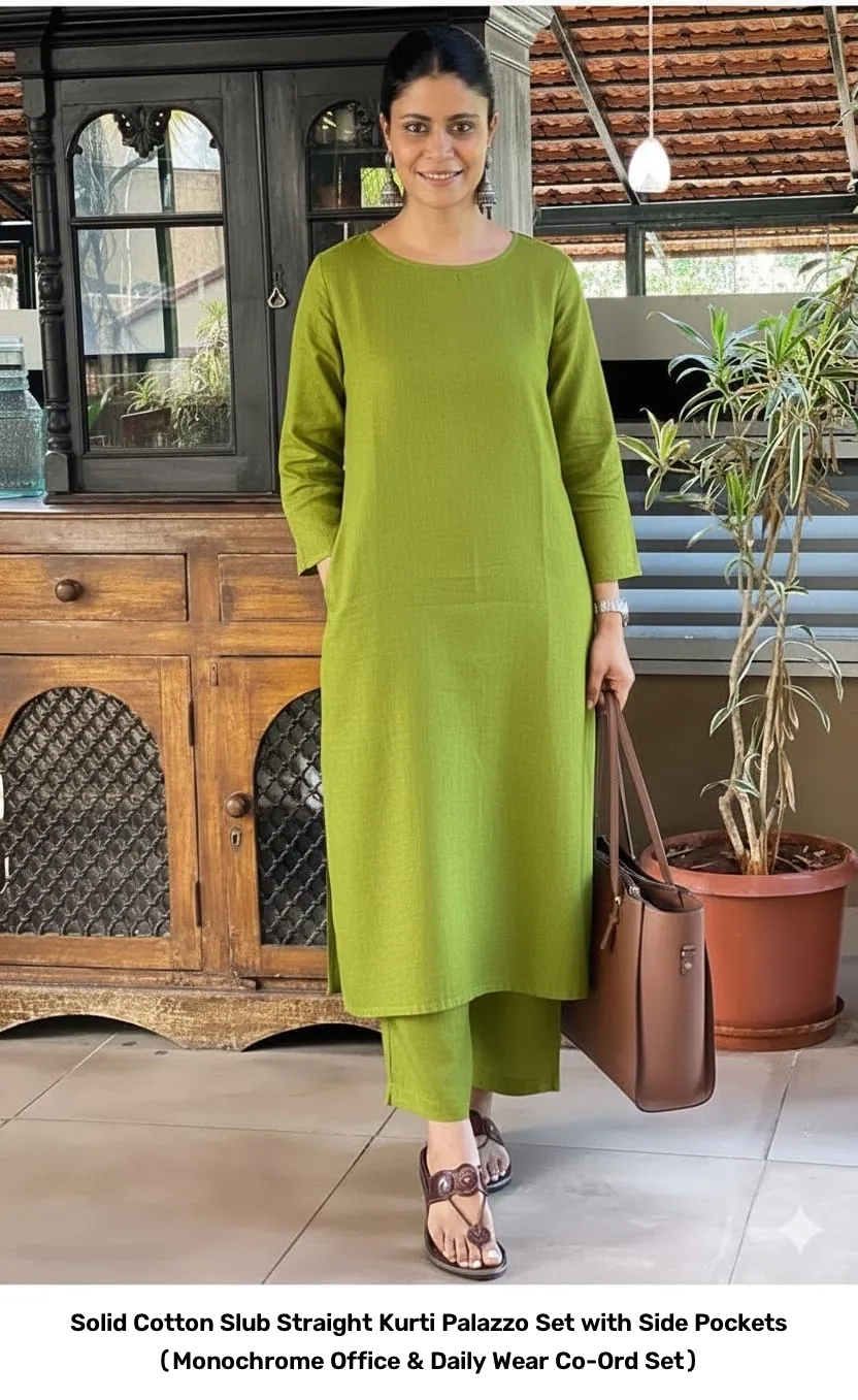 Solid Cotton Slub Straight Kurti Palazzo Set with Side Pockets (Monochrome Office & Daily Wear Co-Ord Set) 2