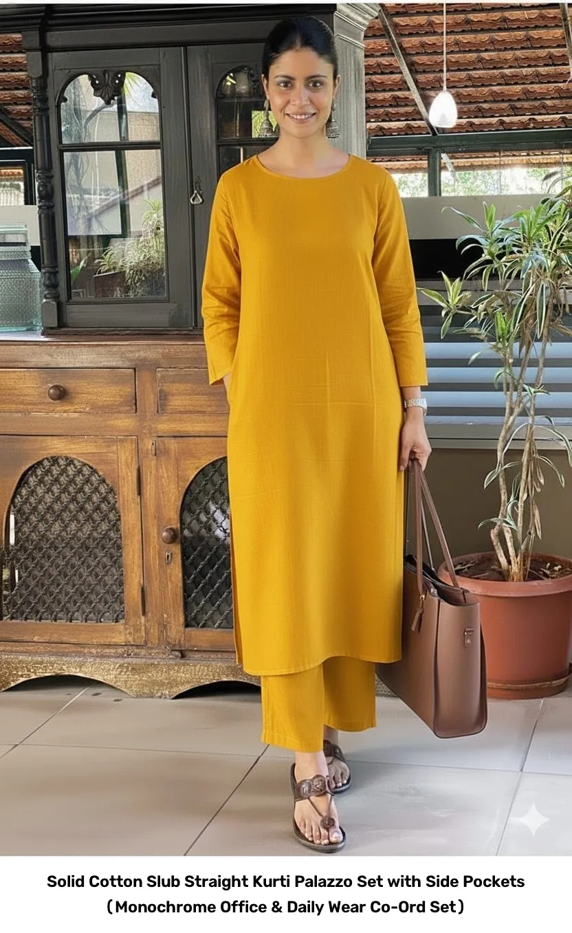 Solid Cotton Slub Straight Kurti Palazzo Set with Side Pockets (Monochrome Office & Daily Wear Co-Ord Set) 4