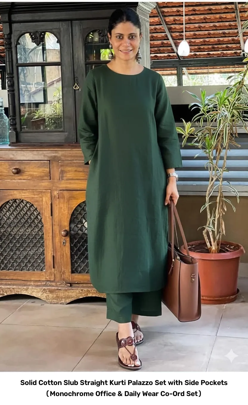 Solid Cotton Slub Straight Kurti Palazzo Set with Side Pockets (Monochrome Office & Daily Wear Co-Ord Set) 5