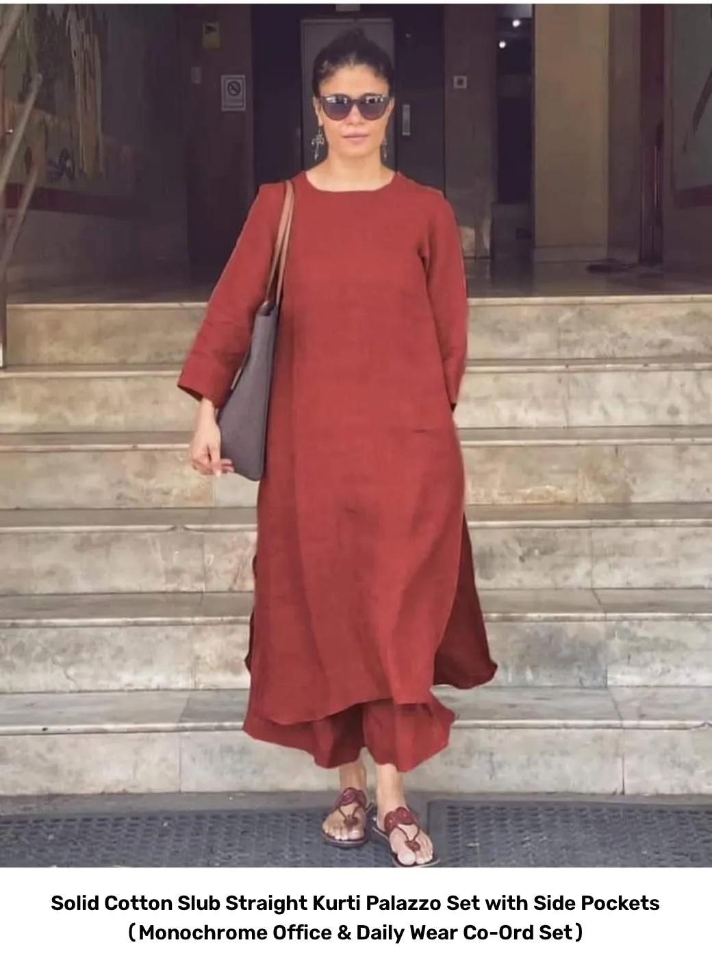 Solid Cotton Slub Straight Kurti Palazzo Set with Side Pockets (Monochrome Office & Daily Wear Co-Ord Set) 8