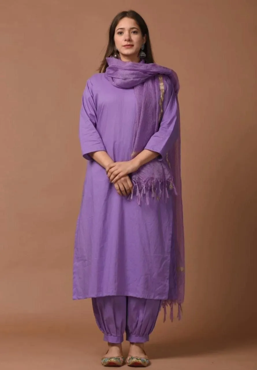 Solid Lavender Purple Pure Cotton Straight Kurti Salwar Pant Set with Zari Border Dupatta (Fully Stitched 3-Piece Suit) 1