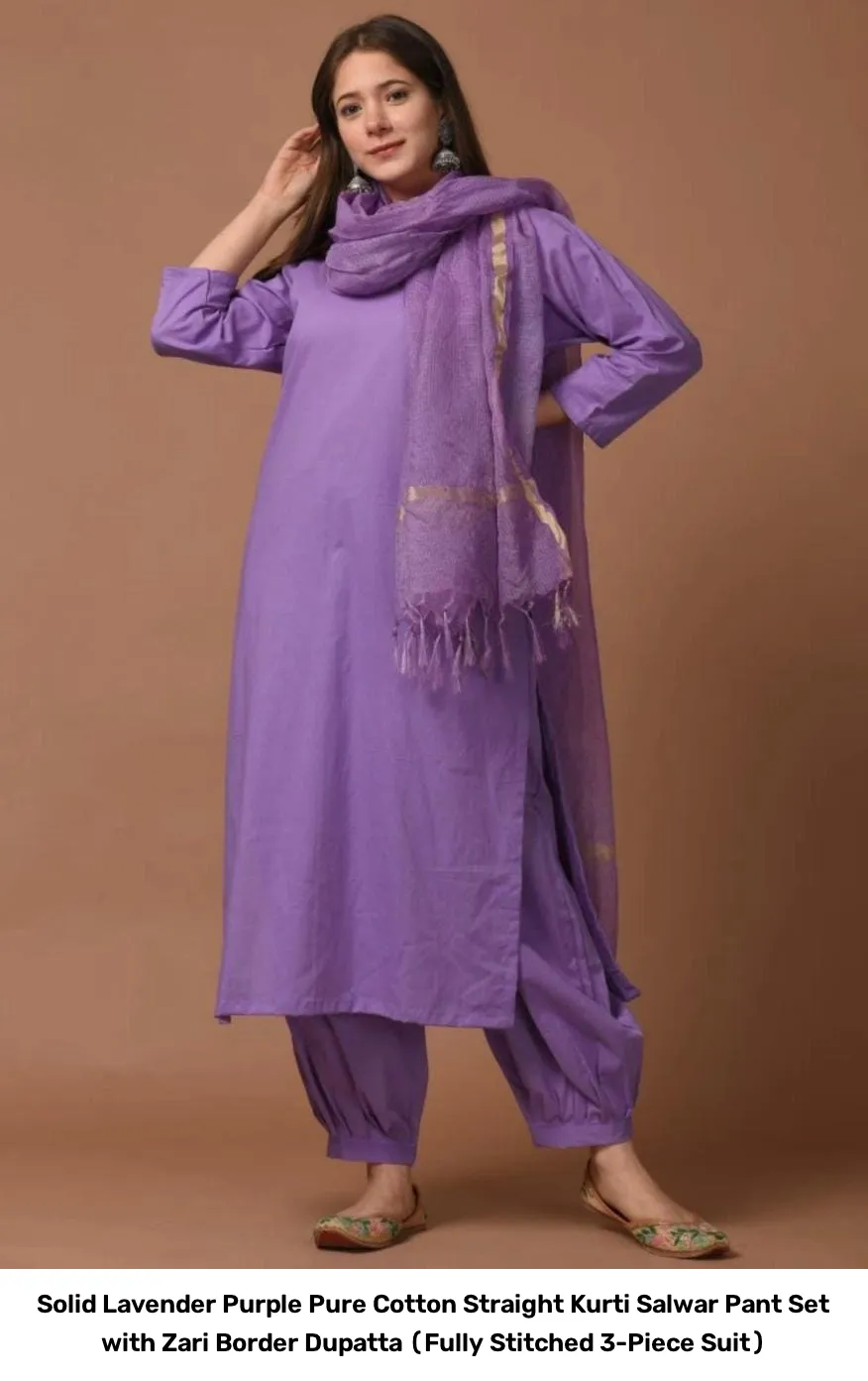 Solid Lavender Purple Pure Cotton Straight Kurti Salwar Pant Set with Zari Border Dupatta (Fully Stitched 3-Piece Suit) 2