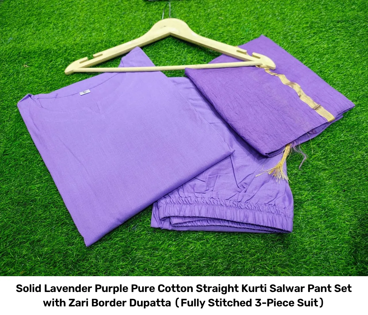 Solid Lavender Purple Pure Cotton Straight Kurti Salwar Pant Set with Zari Border Dupatta (Fully Stitched 3-Piece Suit) 3