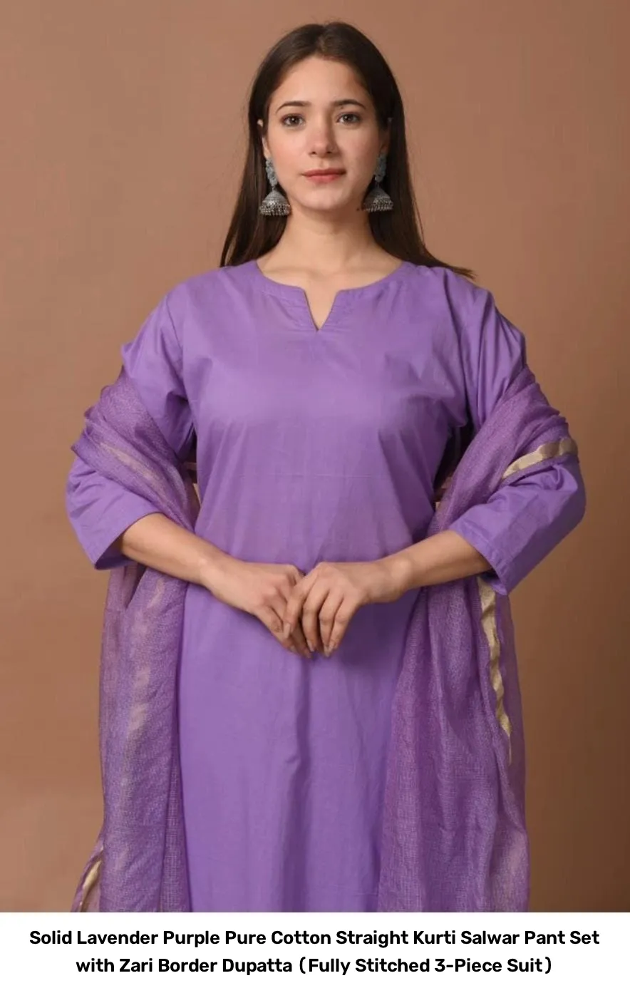 Solid Lavender Purple Pure Cotton Straight Kurti Salwar Pant Set with Zari Border Dupatta (Fully Stitched 3-Piece Suit) 4