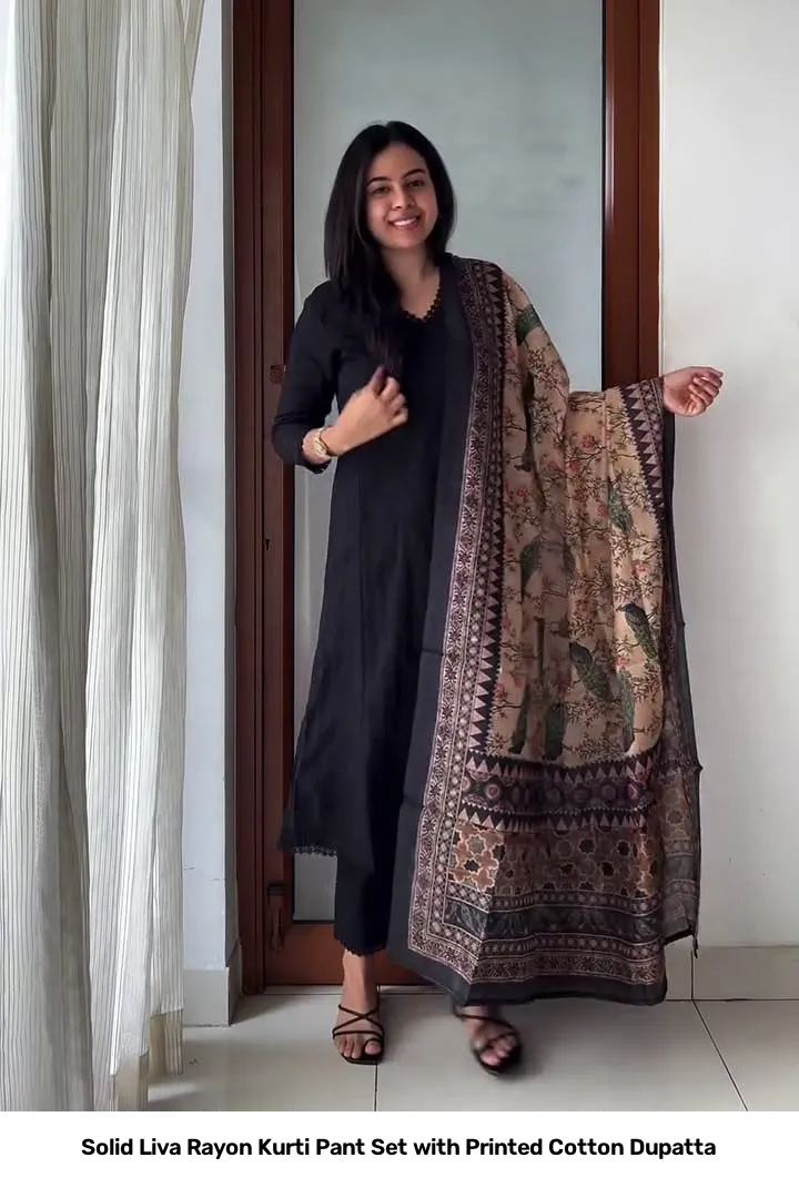 Solid Liva Rayon Kurti Pant Set with Printed Cotton Dupatta 10