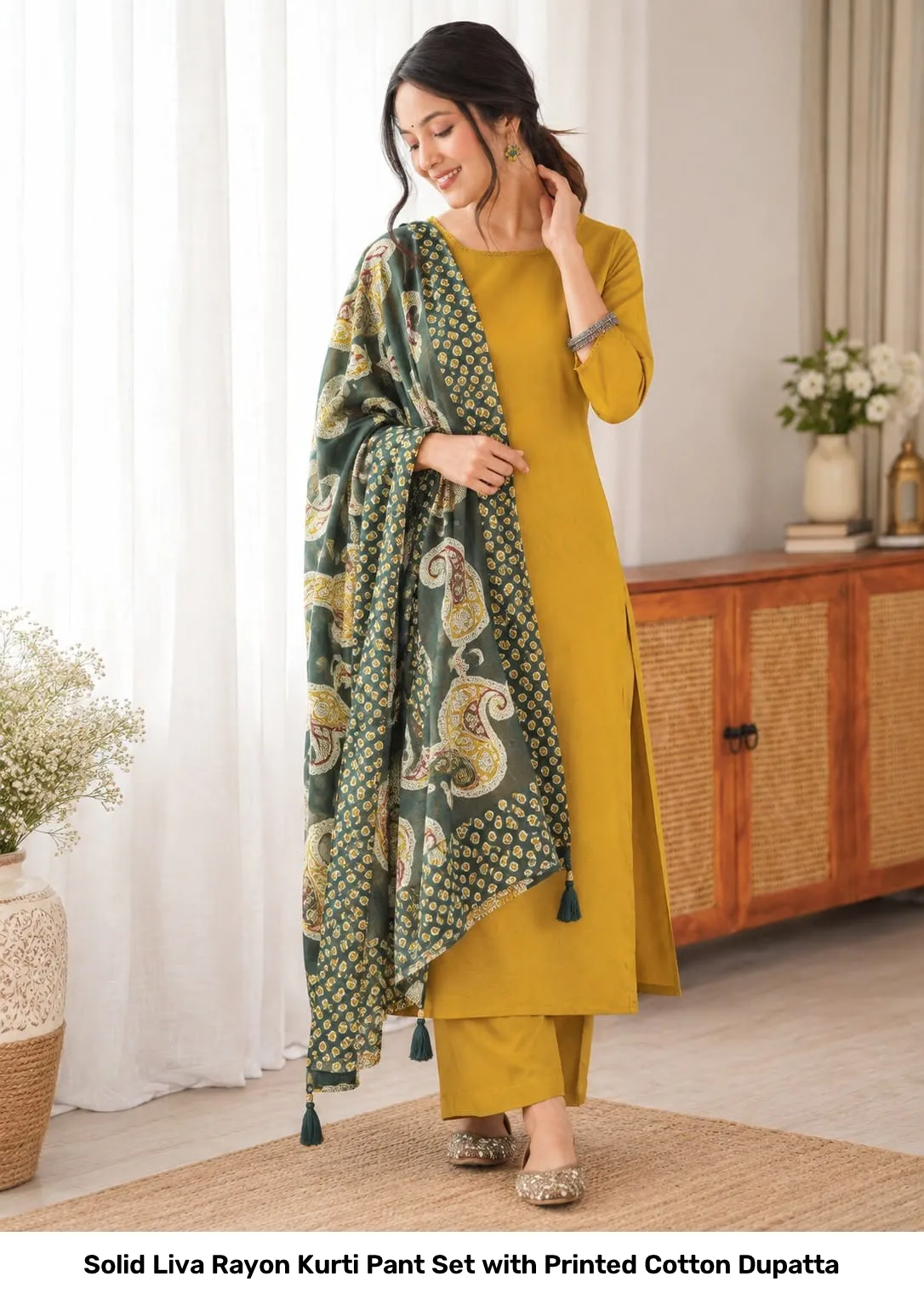 Solid Liva Rayon Kurti Pant Set with Printed Cotton Dupatta 11