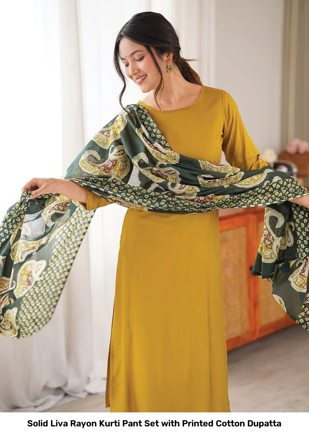 Solid Liva Rayon Kurti Pant Set with Printed Cotton Dupatta 12