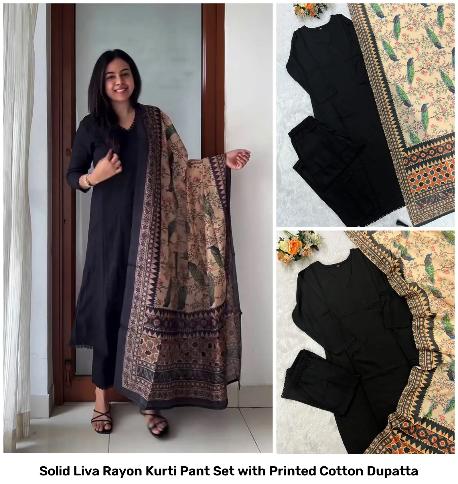 Solid Liva Rayon Kurti Pant Set with Printed Cotton Dupatta 14