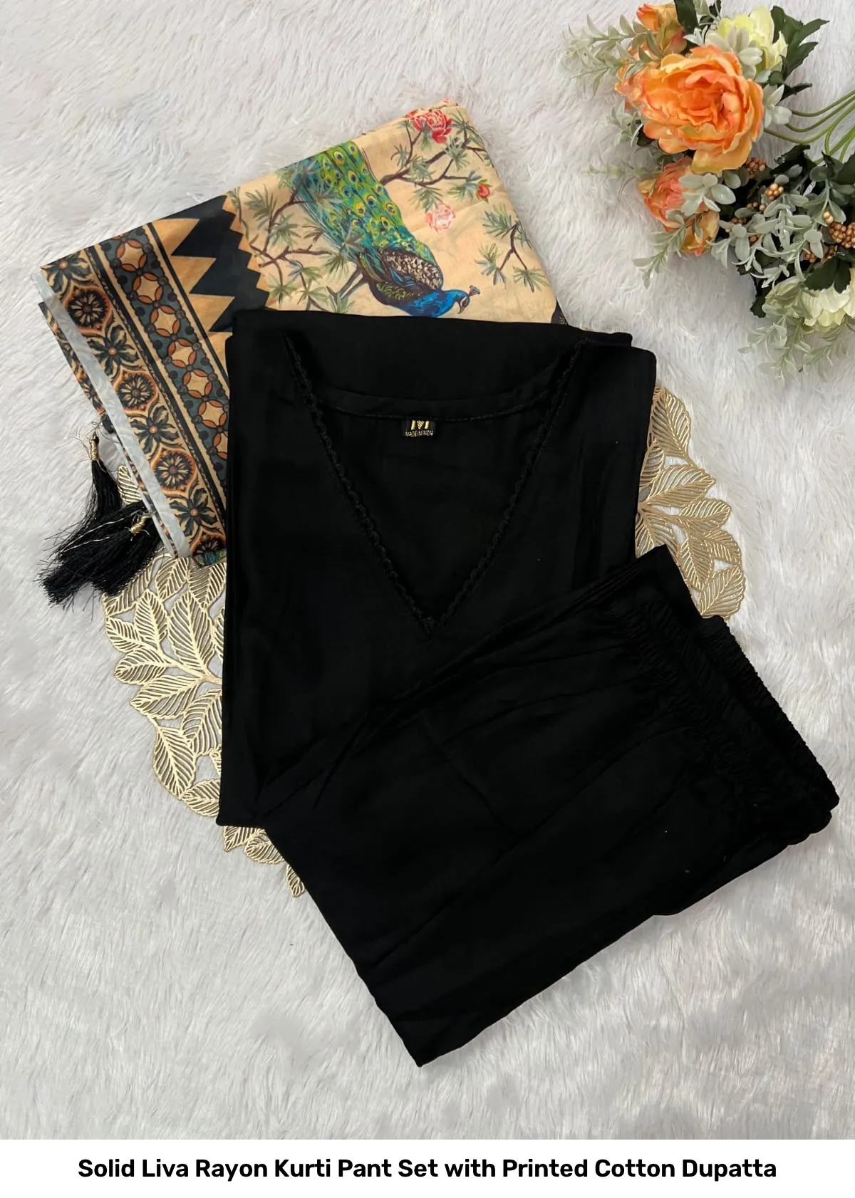 Solid Liva Rayon Kurti Pant Set with Printed Cotton Dupatta 16