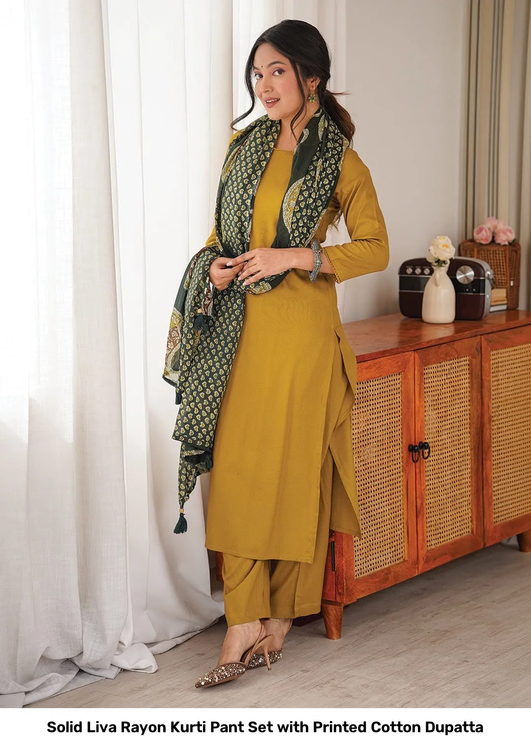 Solid Liva Rayon Kurti Pant Set with Printed Cotton Dupatta 17