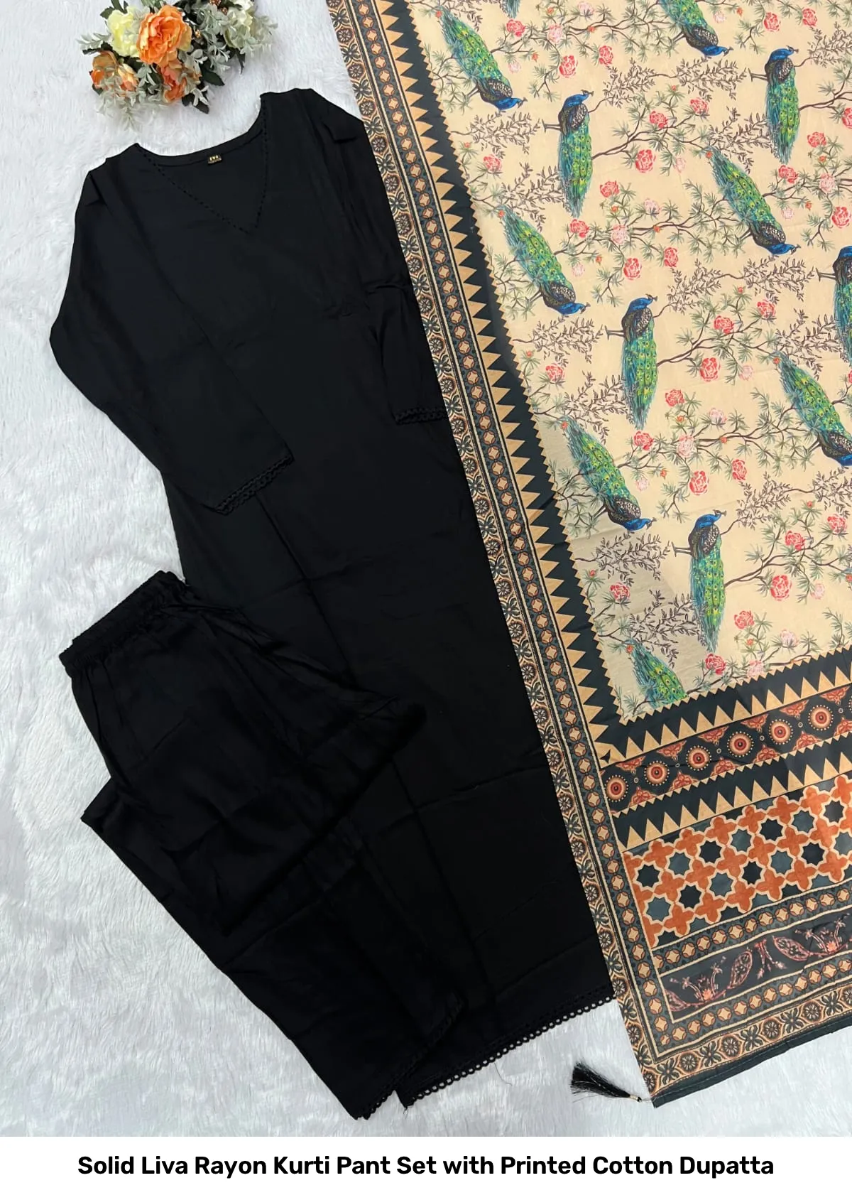 Solid Liva Rayon Kurti Pant Set with Printed Cotton Dupatta 18