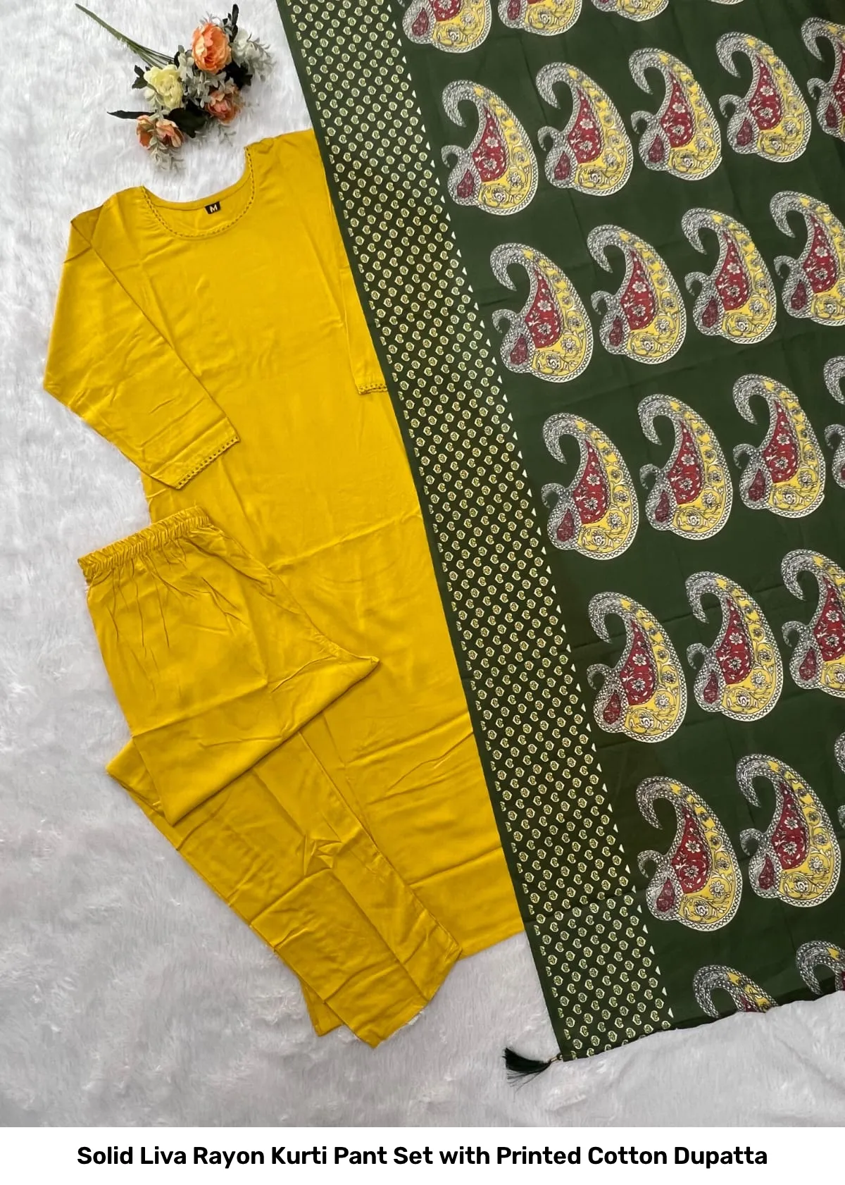 Solid Liva Rayon Kurti Pant Set with Printed Cotton Dupatta 19