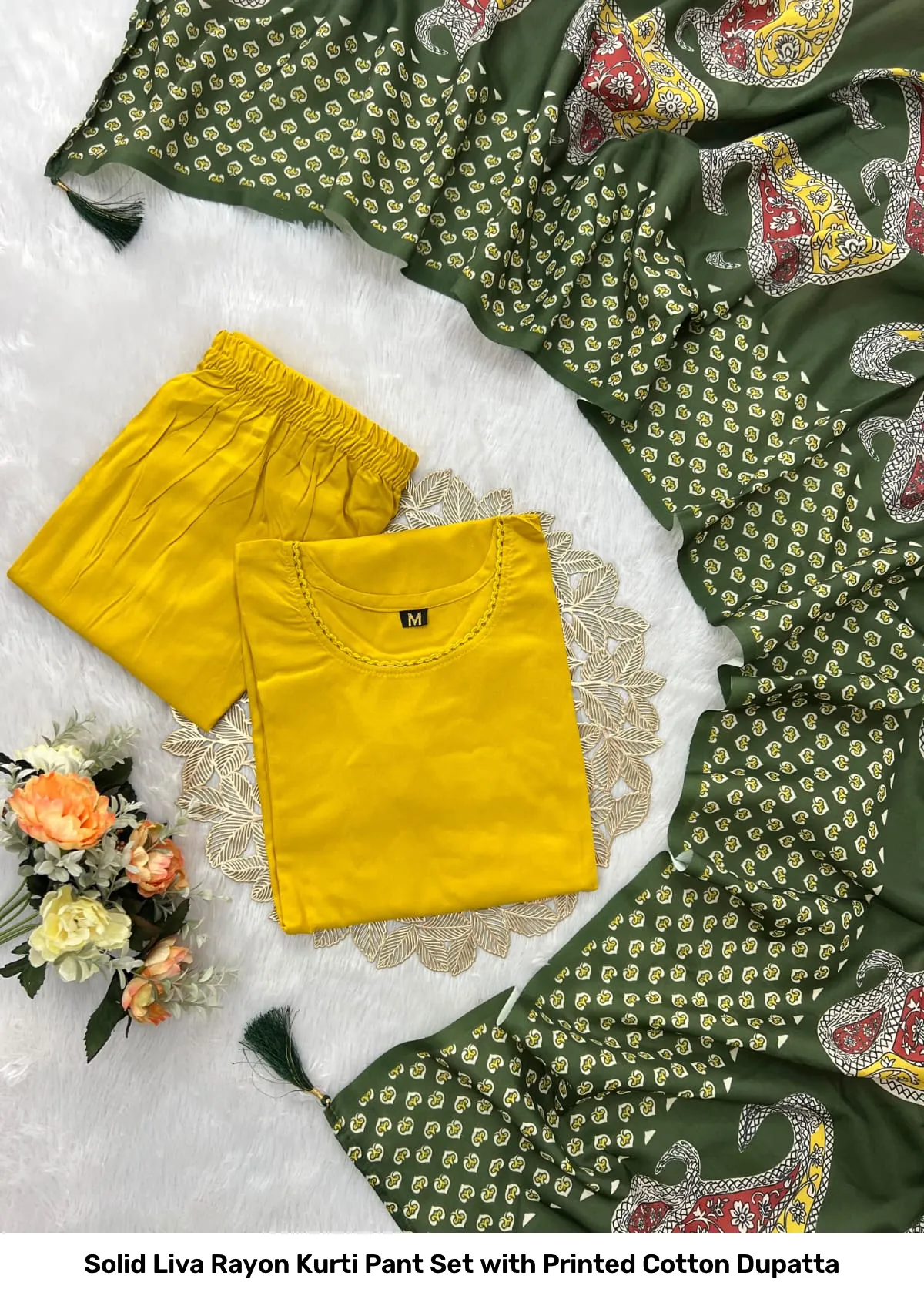 Solid Liva Rayon Kurti Pant Set with Printed Cotton Dupatta 2