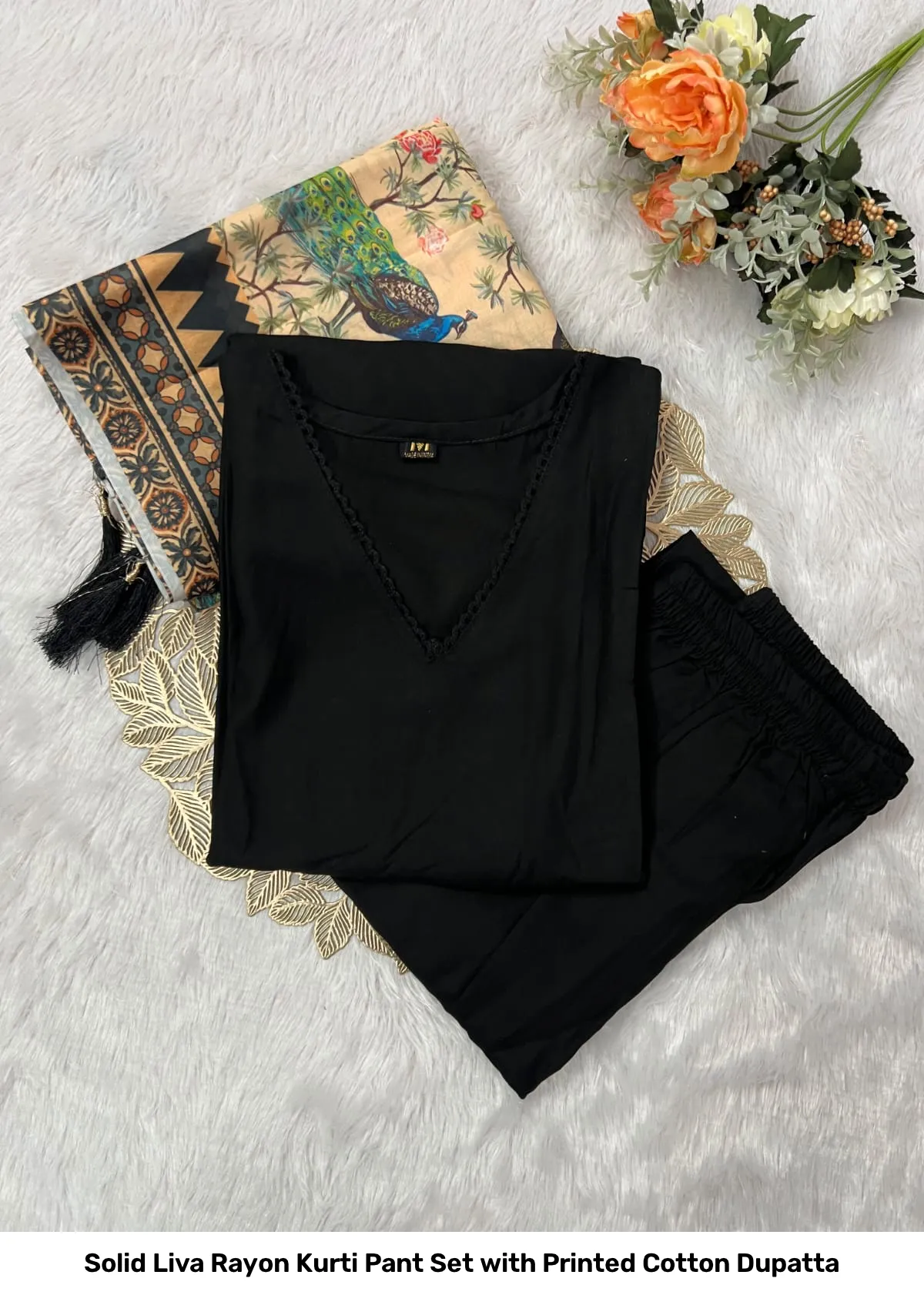 Solid Liva Rayon Kurti Pant Set with Printed Cotton Dupatta 20