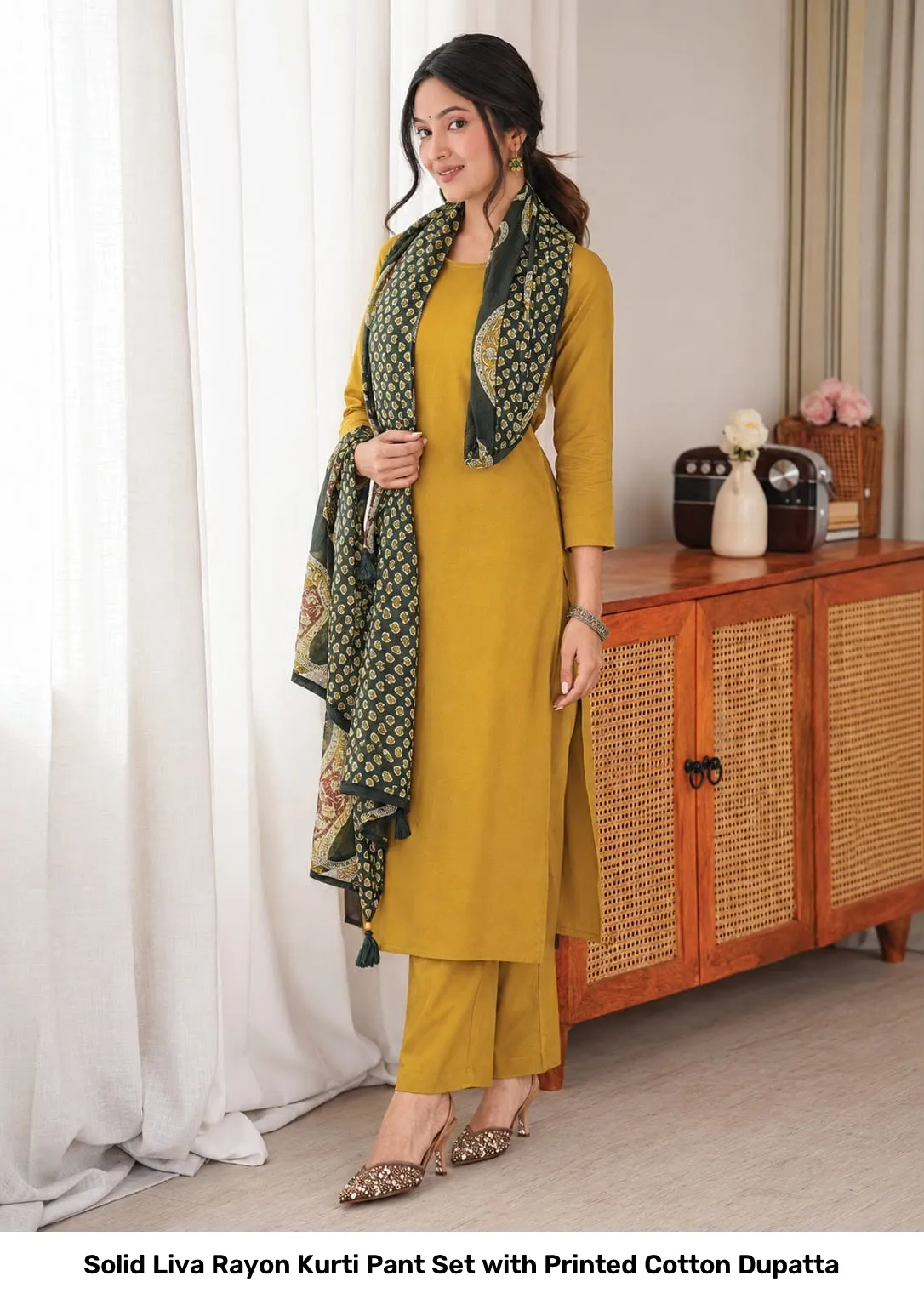 Solid Liva Rayon Kurti Pant Set with Printed Cotton Dupatta 21