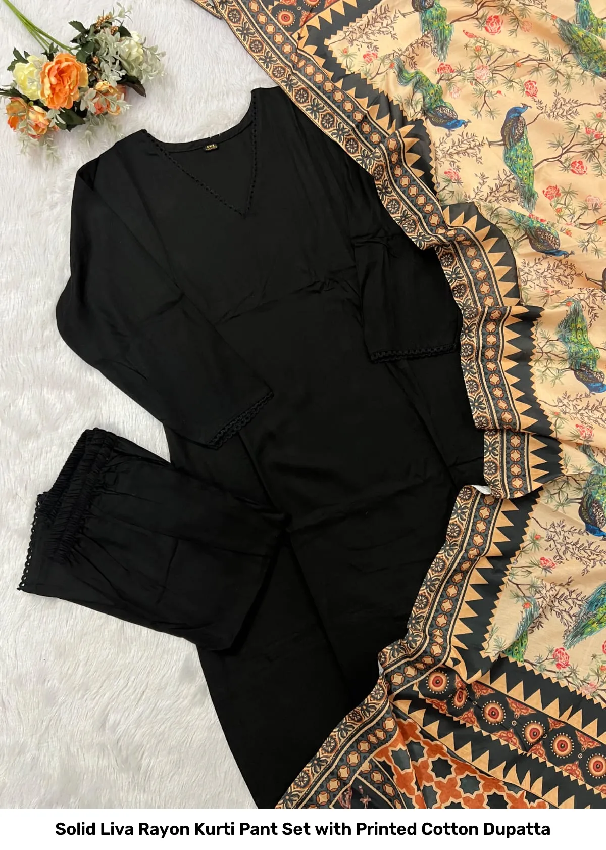 Solid Liva Rayon Kurti Pant Set with Printed Cotton Dupatta 3
