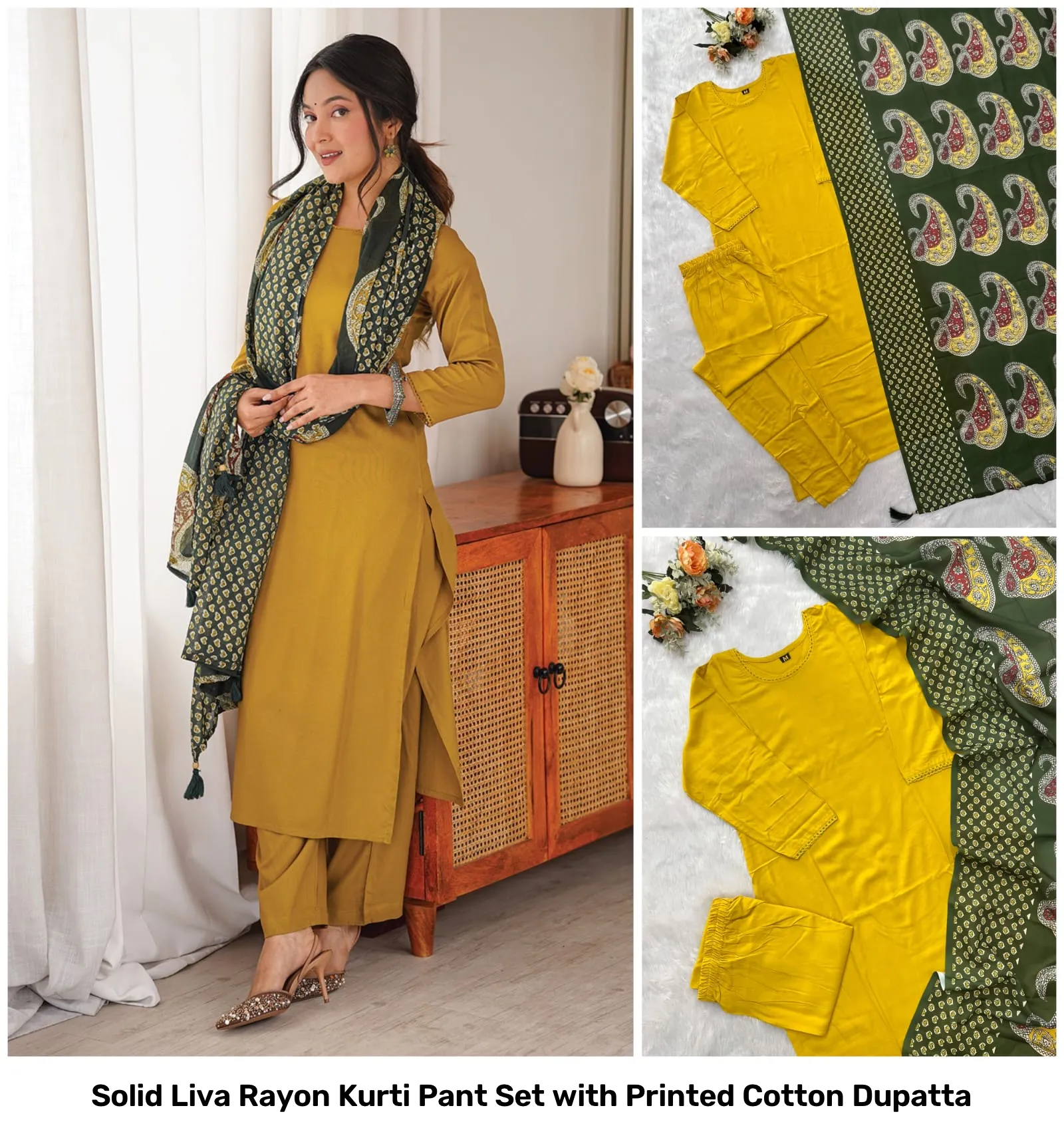 Solid Liva Rayon Kurti Pant Set with Printed Cotton Dupatta 4