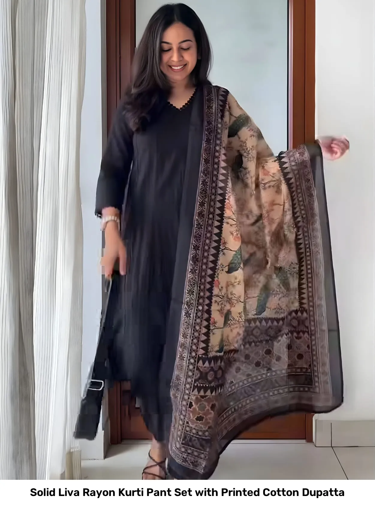 Solid Liva Rayon Kurti Pant Set with Printed Cotton Dupatta 5
