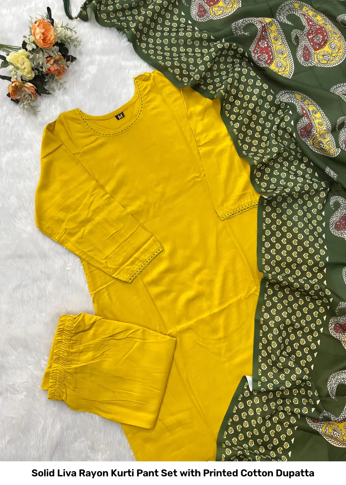 Solid Liva Rayon Kurti Pant Set with Printed Cotton Dupatta 6