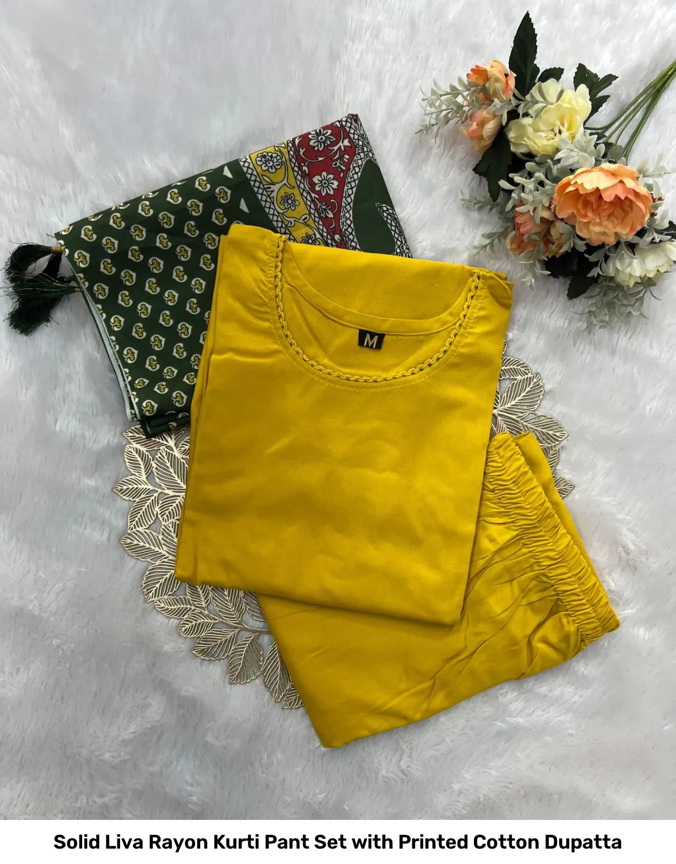 Solid Liva Rayon Kurti Pant Set with Printed Cotton Dupatta 7