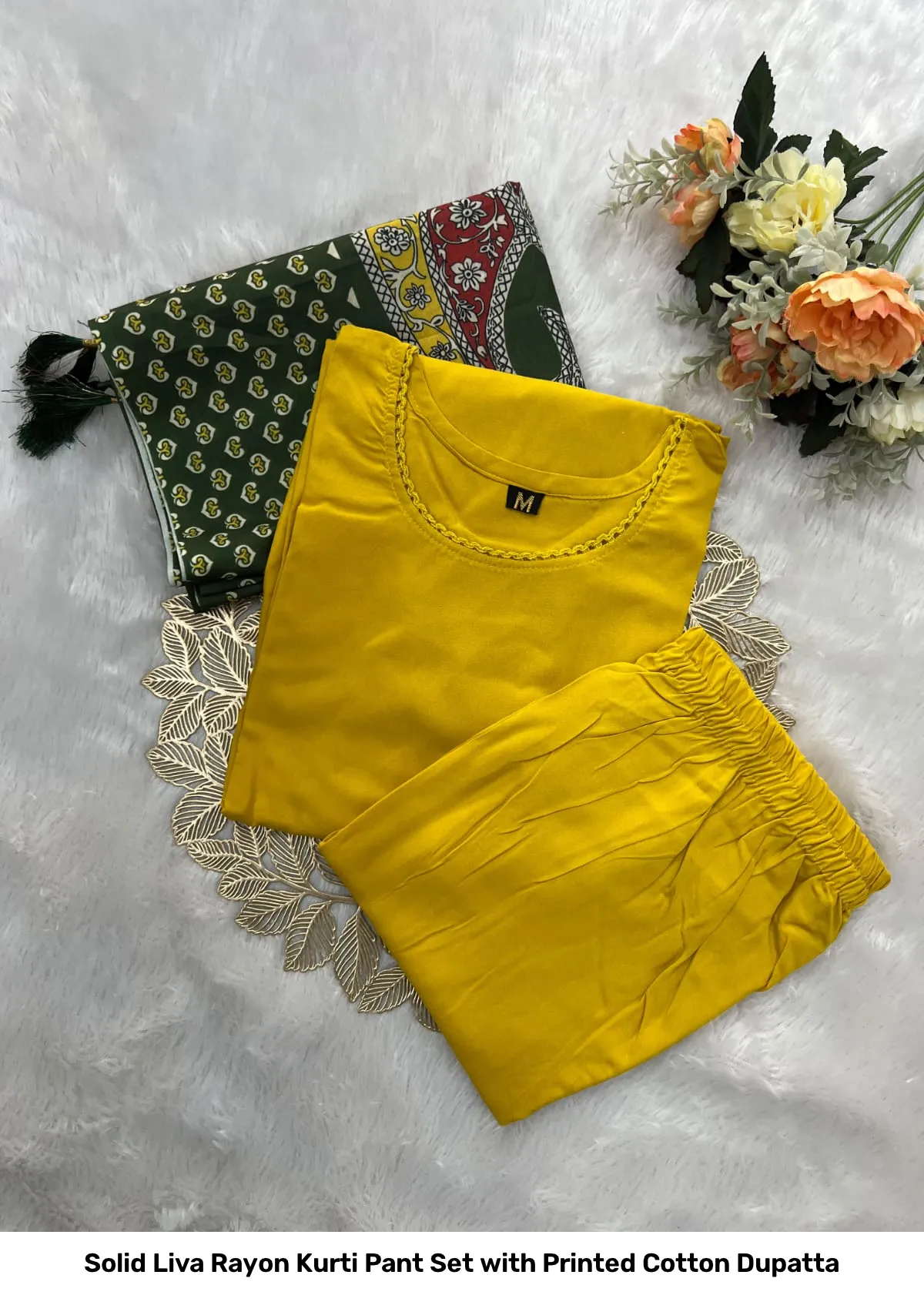 Solid Liva Rayon Kurti Pant Set with Printed Cotton Dupatta 8