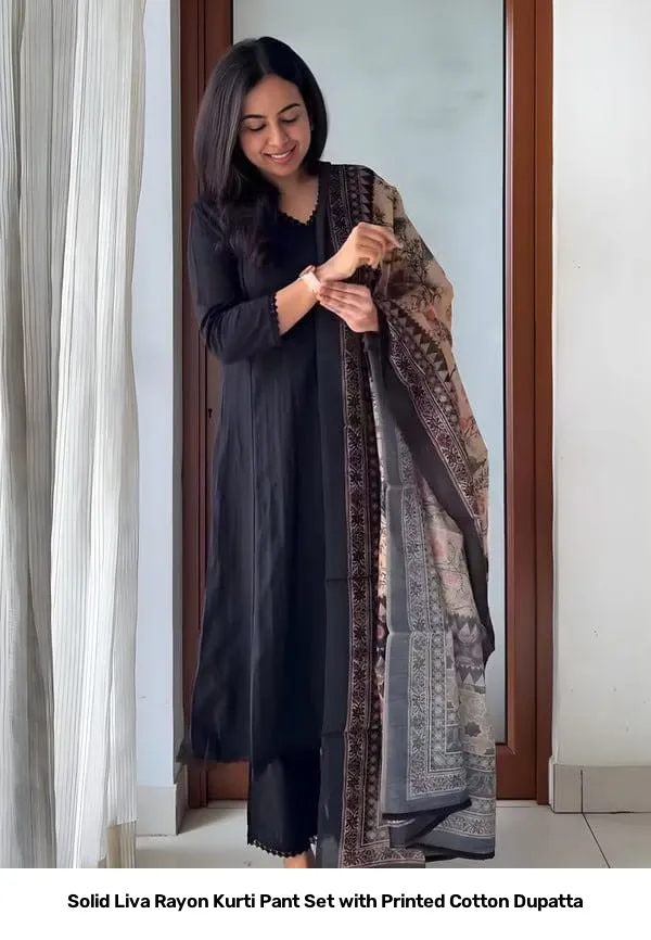 Solid Liva Rayon Kurti Pant Set with Printed Cotton Dupatta 9