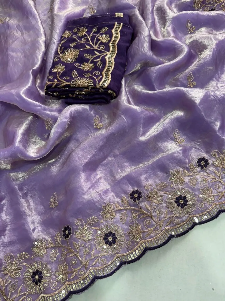 Space Satin Sequin Work Saree & Contrast Blouse