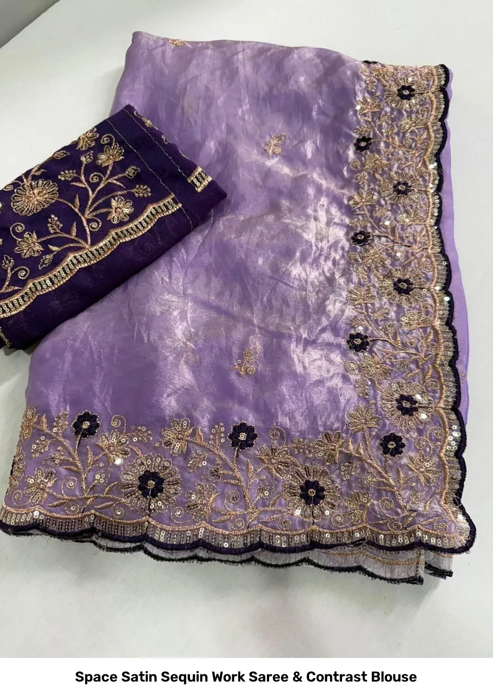 Space Satin Sequin Work Saree & Contrast Blouse 10