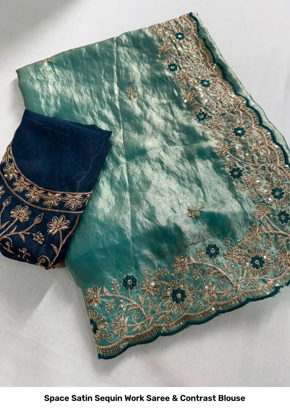 Space Satin Sequin Work Saree & Contrast Blouse 2