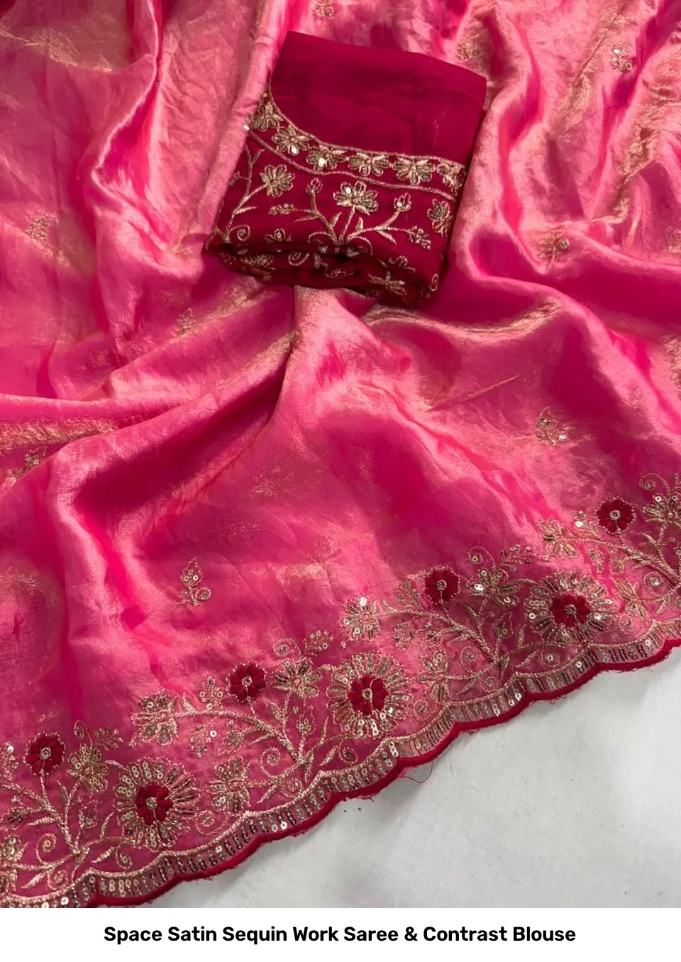 Space Satin Sequin Work Saree & Contrast Blouse 3